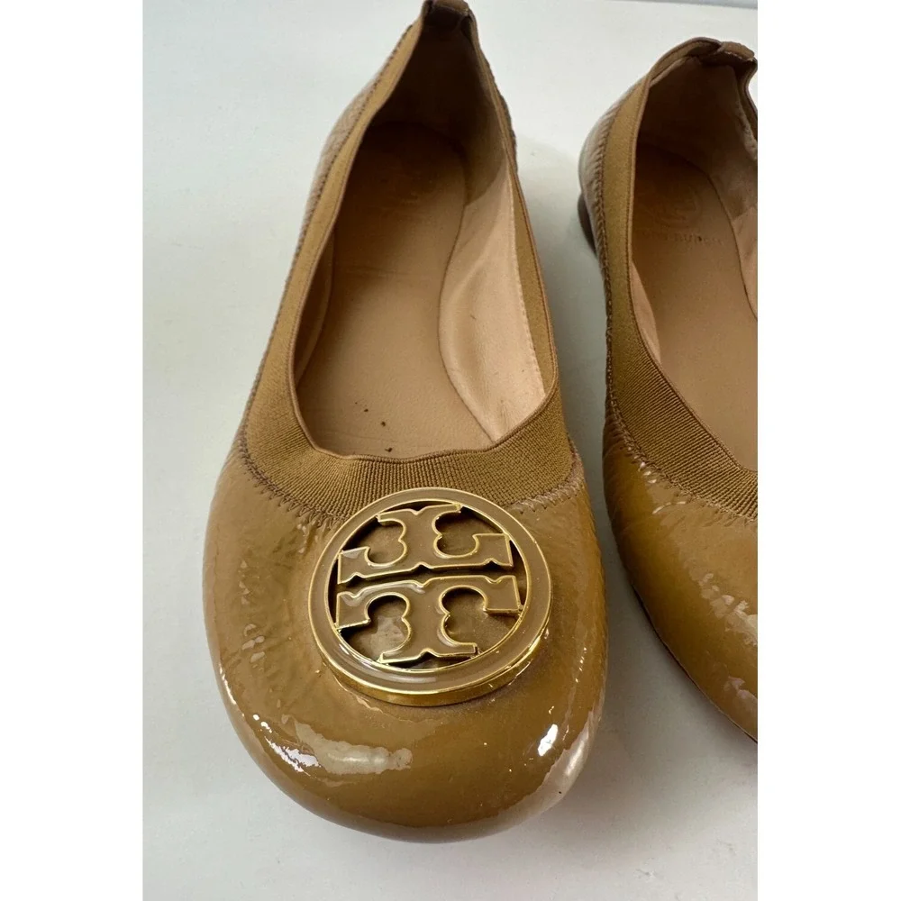 Tory Burch Caroline 2 Ballet Flats Tan Beige Patent Leather Ballerina Shoes 7 7M - Picture 4 of 16